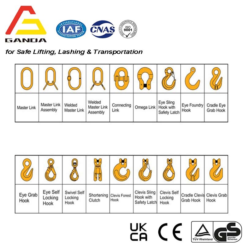 G80 connecting link, G80 clevis sling hook, G80 eye sling hook, G80 swivel  hook, G80 shortening clutch, G80 master link, G80 master link assembly, G80  self locking hook, G80 webbing sling connector